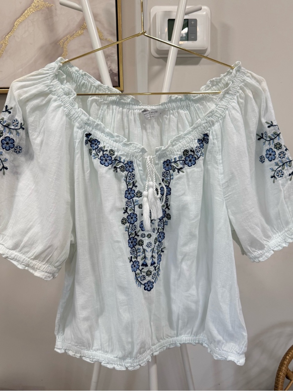 Lucky Brand White Peasant Blouse with Blue Floral Embroidery